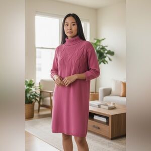 Stitch Drop Women’s Turtleneck Cable Knit Sweater Dress In Pink Size M NWOT